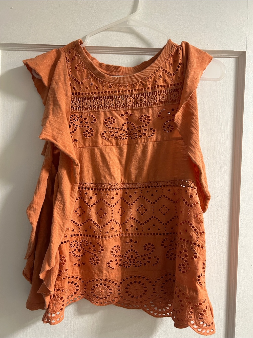 Anthropologie Peach Eyelet Ruffle Sleeve Top
